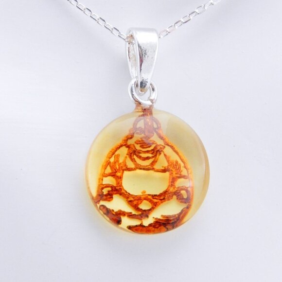 Natural Baltic Citrine Amber Laser Cut Buddha Choker Necklace in 925 Sil… - Picture 2 of 3